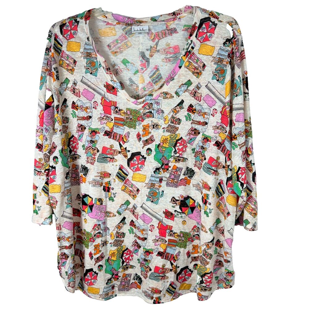 Nicole Miller Linen 3X Tunic Top V-Neck Beach Scene Novelty Print Boxy Festival